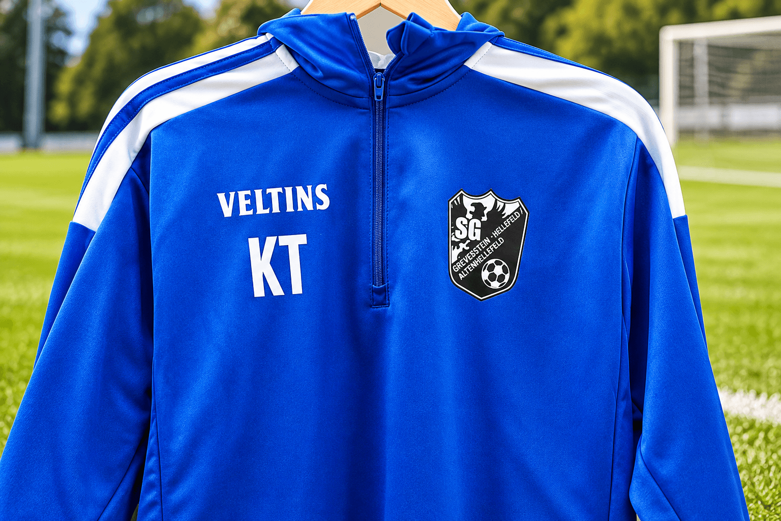 Blaues Half-Zip-Trainingsoberteil mit Vereinswappen und Sponsorenschriftzug